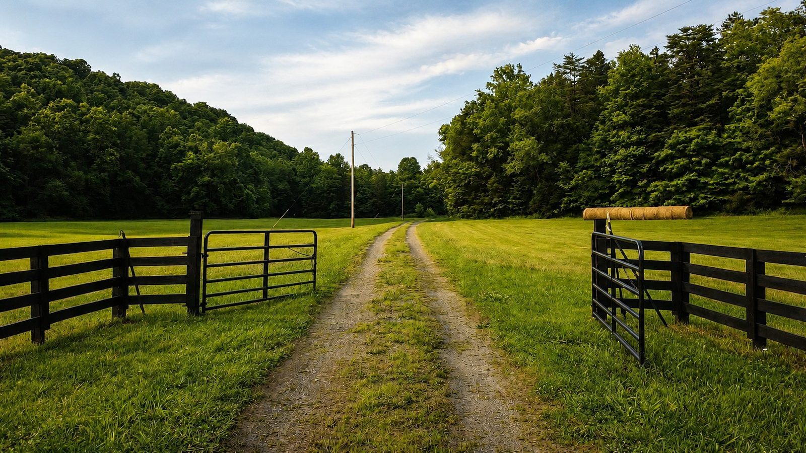 Gated entrance and mowed lane between pastures