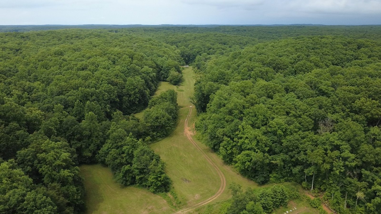 Aerial of a green hollow laced with trails